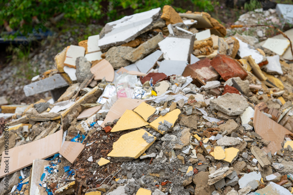 Construction rubble on a construction site during the renovation of a house