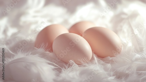 Fresh Organic Eggs Nestled on Soft White Feathers Creating a Delicate and Natural Culinary Presentation