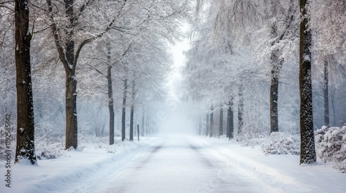 Serene winter landscape featuring untouched snow blanketing trees and a quiet road in a tranquil, cold atmosphere.