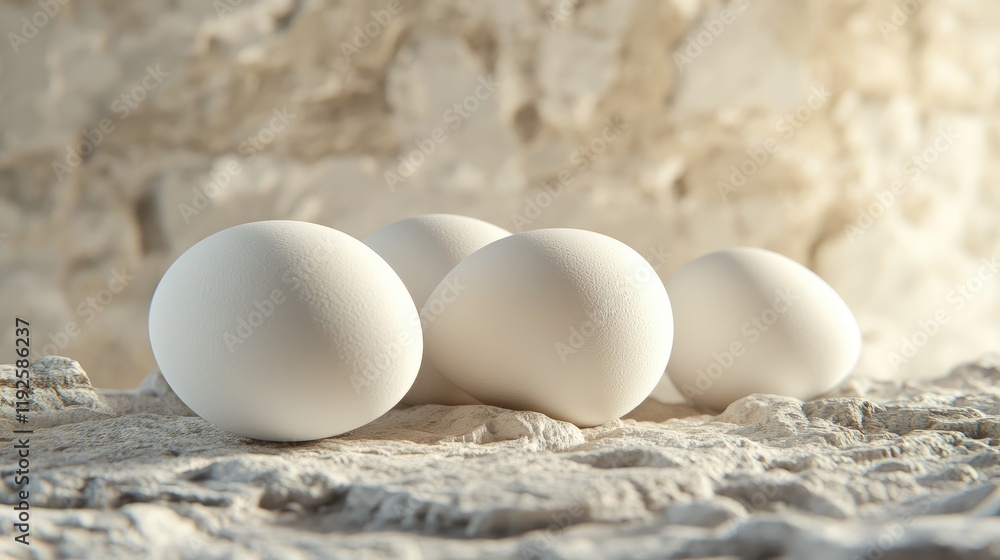 Fresh White Eggs Arranged Neatly on Textured Stone Surface with Soft Background Lighting Fresh White Eggs Arranged Neatly on Textured Stone Surface with Soft Background Lighting