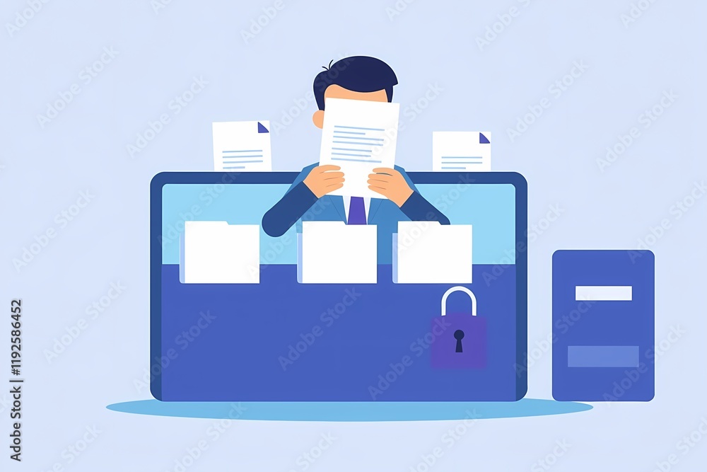 Data Security: An illustration of a person overwhelmed by paperwork, peeking out from behind a secure laptop, emphasizing the importance of data protection. Data Security: An illustration of a person overwhelmed by paperwork, peeking out from behind a secure laptop, emphasizing the importance of data protection.
