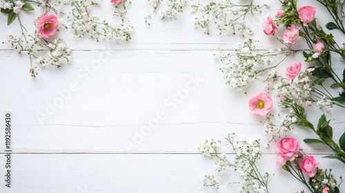 Delicate Floral Border with Pink Roses and Baby's Breath on a White Wooden Surface