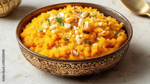 Amber bowl with Gajjar Halwa garnished with nuts on light background showcasing dairy free and sugar free Rajasthani plant based dessert photo