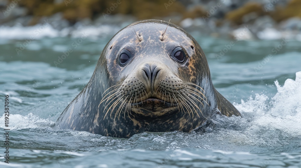 Obraz premium Male elephant seal swimming in coastal waters showcasing its distinct features and natural habitat in a serene environment.