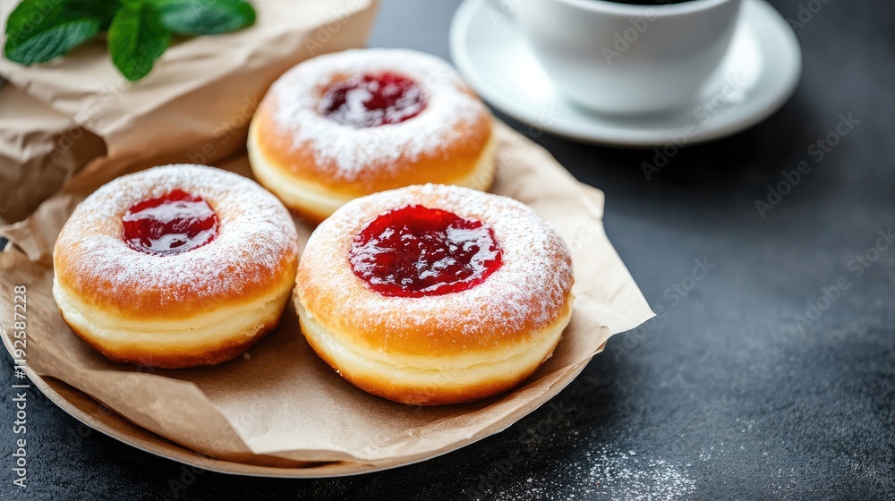 Delicious jam-filled donuts on a paper plate paired with a steaming cup of coffee against a dark background with selective focus