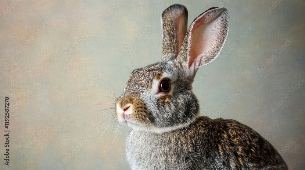 Obraz premium Domestic Rabbit Portrait on Soft Textured Background Capturing Details of Fur and Ears in Gentle Light