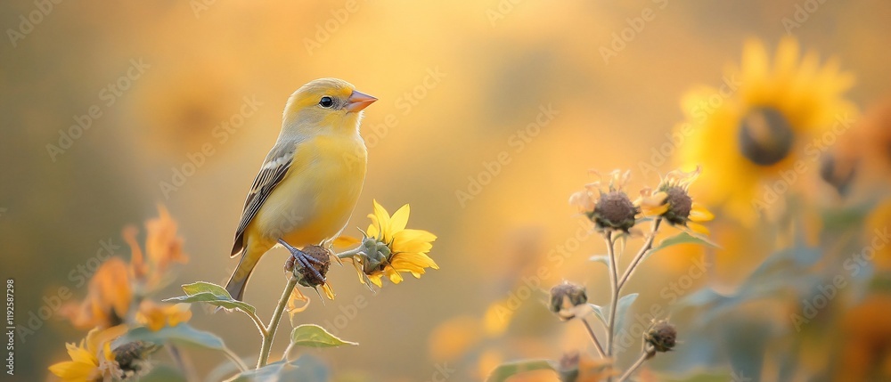 Yellow bird on sunflowers at sunset, nature scene Yellow bird on sunflowers at sunset, nature scene