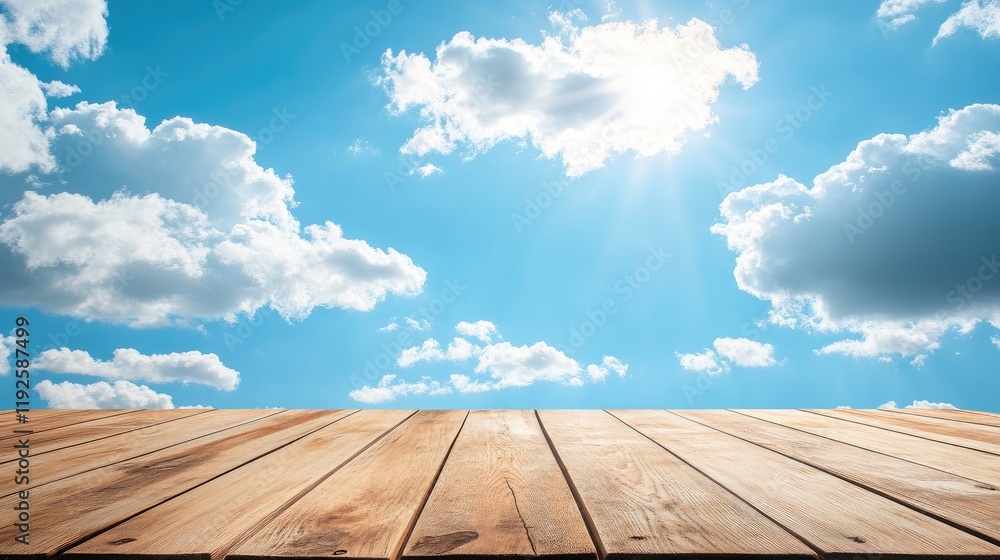 Scenic Wooden Tabletop Against Clear Blue Sky with Fluffy White Clouds Ideal for Product Showcase or Advertising Background Scenic Wooden Tabletop Against Clear Blue Sky with Fluffy White Clouds Ideal for Product Showcase or Advertising Background