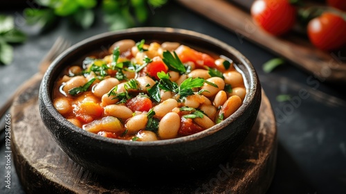 Vegetarian Fasolia Bean Dish with Fresh Herbs and Tomatoes in a Rustic Bowl on a Dark Table Setting photo