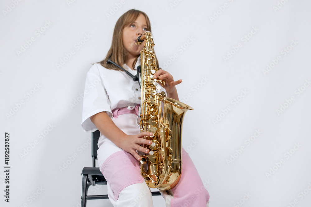 Fototapeta premium Girl playing, practicing the saxophone, playing a melody on a musical instrument, sitting on black chair on white background. Out-of-school children activities, lessons