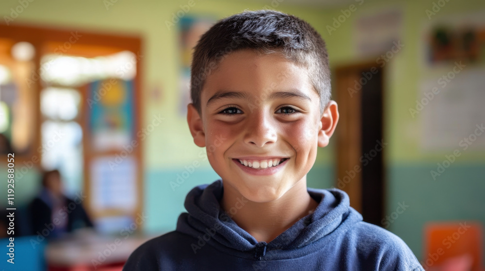 Smiling boy in classroom, showing joy and engagement during learning activities. His bright expression reflects positive atmosphere in educational environment