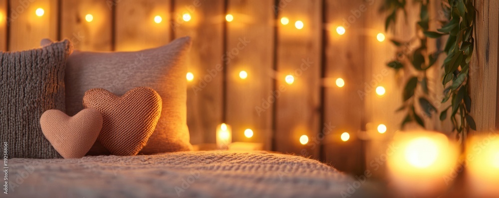 Valentine's day theme background. A cozy bedroom setup featuring soft pillows, warm lights, and candles, creating an inviting and tranquil atmosphere. Valentine's day theme background. A cozy bedroom setup featuring soft pillows, warm lights, and candles, creating an inviting and tranquil atmosphere.