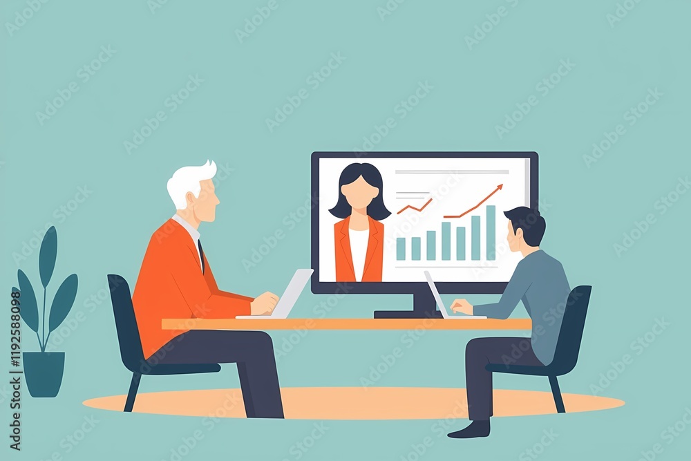 Remote Collaboration: Two colleagues work side-by-side in a virtual meeting, focusing on their laptops with a female presenter's image and a rising chart visible on a monitor behind them. Remote Collaboration: Two colleagues work side-by-side in a virtual meeting, focusing on their laptops with a female presenter's image and a rising chart visible on a monitor behind them.