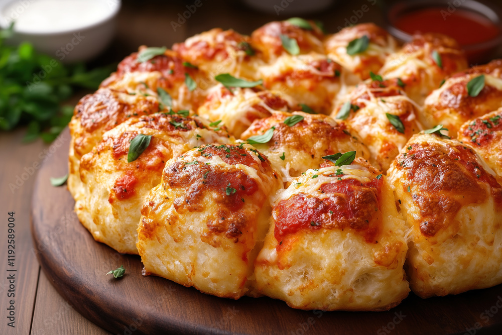 Pizza monkey bread topped with herbs and cheese Pizza monkey bread topped with herbs and cheese