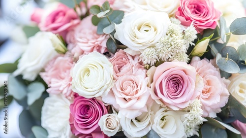 Elegant floral arrangement of soft pink and white roses with greenery creating a romantic and fresh atmosphere for celebrations