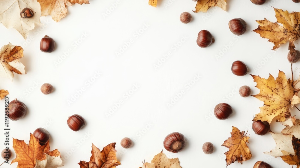 Obraz premium Autumn chestnuts surrounded by colorful leaves on a white background creating a seasonal frame for fall-themed designs