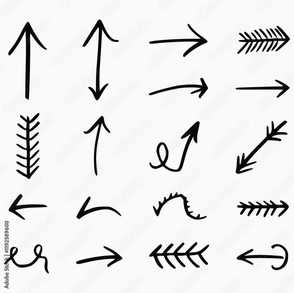 vector image showcases a collection of hand-drawn arrows. Created with simple black lines on a white background, the arrows exhibit a loose, hand-drawn style with variations in line weight and texture vector image showcases a collection of hand-drawn arrows. Created with simple black lines on a white background, the arrows exhibit a loose, hand-drawn style with variations in line weight and texture