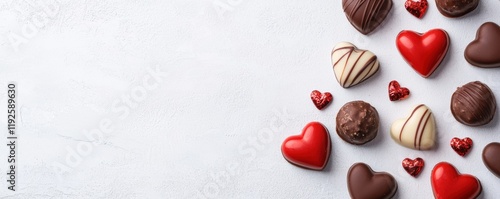 Valentine's day theme background. A delightful arrangement of heart-shaped chocolates and treats, perfect for celebrating love and special occasions.