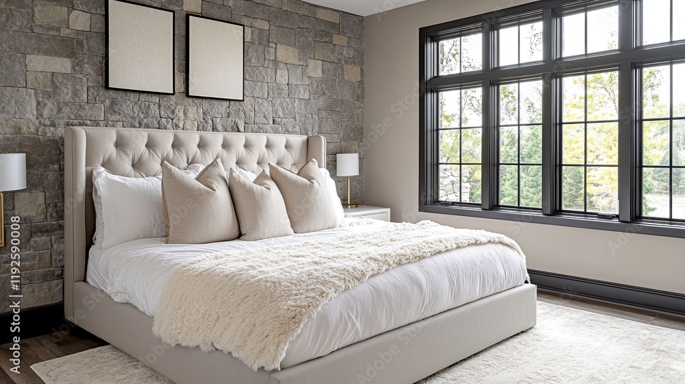 A monochromatic bedroom with stone-gray walls A monochromatic bedroom with stone-gray walls