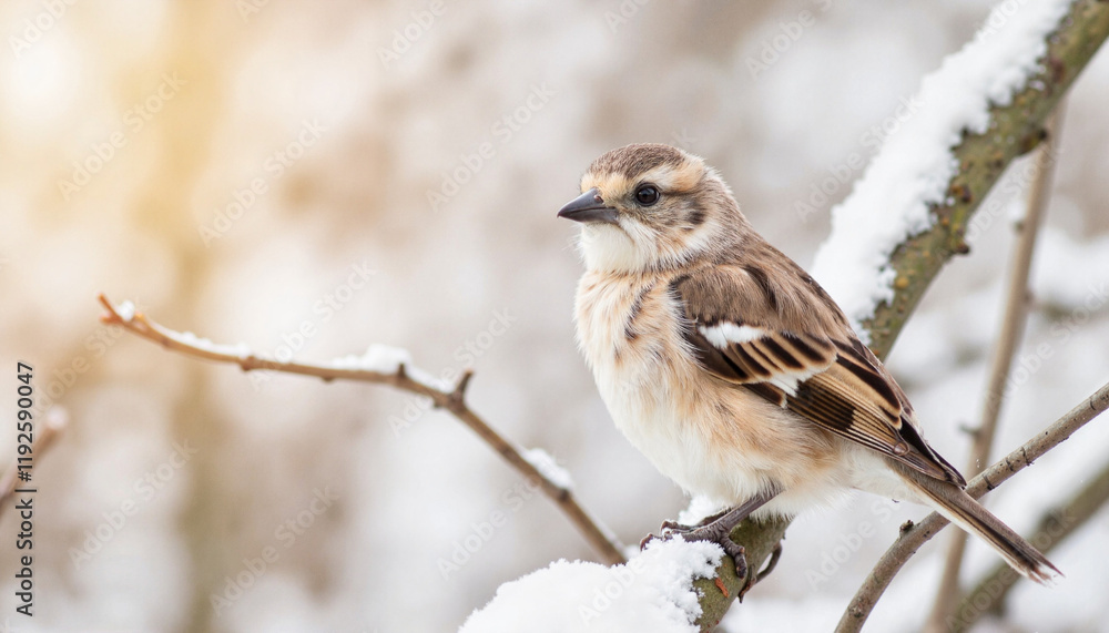 Snowy branch with bird perched in soft sunlight, winter wildlife Snowy branch with bird perched in soft sunlight, winter wildlife