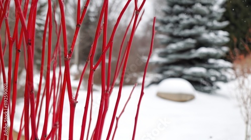 Vibrant red dogwood stems contrast against a snowy winter landscape featuring evergreen trees and serene garden scenery photo