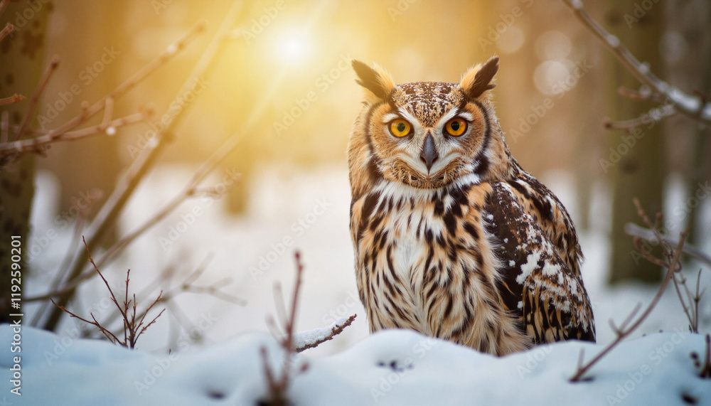 Watchful long-eared owl in winter forest, secretive migration symbolism Watchful long-eared owl in winter forest, secretive migration symbolism