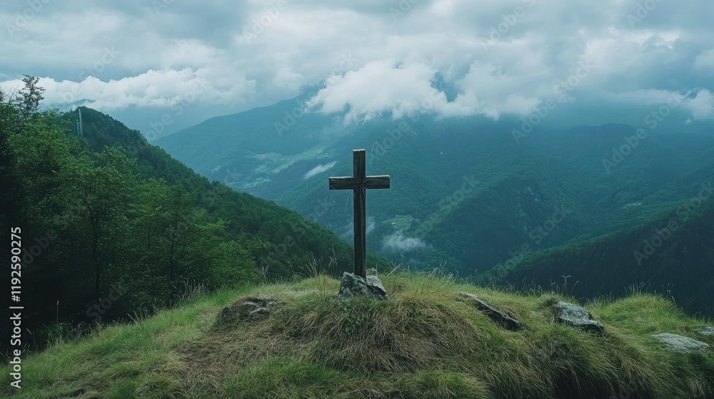 Cross on a grassy hilltop surrounded by mountains and clouds under a dramatic sky symbolizing faith and solitude in nature Cross on a grassy hilltop surrounded by mountains and clouds under a dramatic sky symbolizing faith and solitude in nature