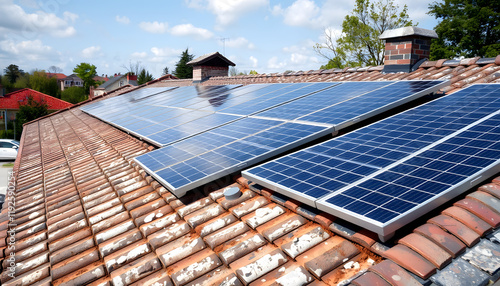 Solar panels on roofs, grunge, with white tones