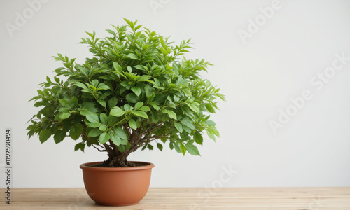 Japanese Fern Tree (Filicium decipiens) Bushy, fern-like tree with finely divided green foliage in a terracotta pot, perfect for creating photo