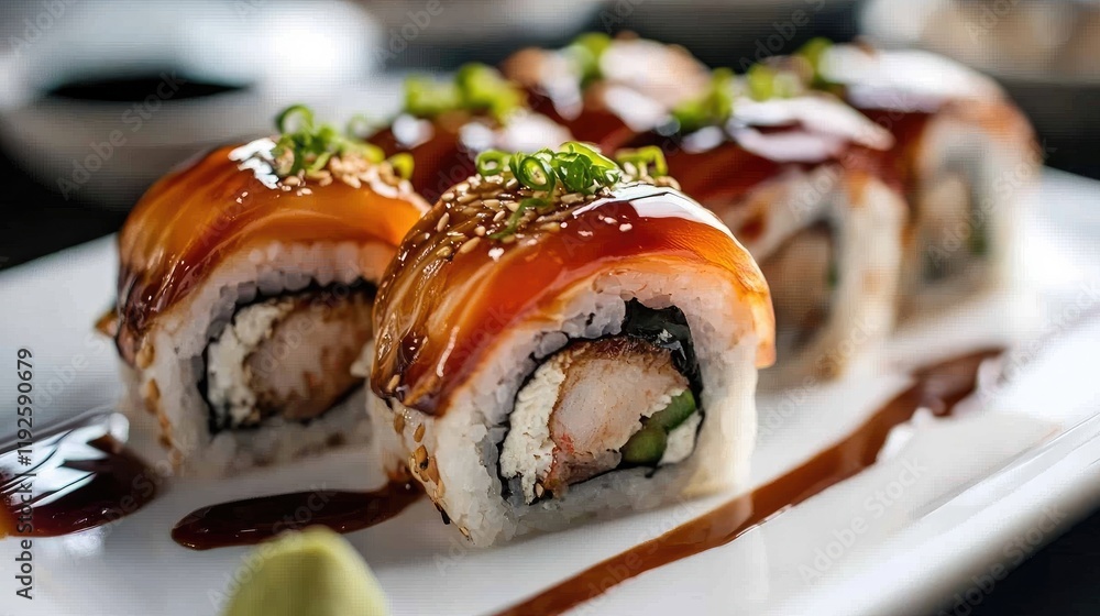 Savory Unagi Sushi Rolls Garnished with Green Onions Drizzled with Sauce on a White Plate Savory Unagi Sushi Rolls Garnished with Green Onions Drizzled with Sauce on a White Plate