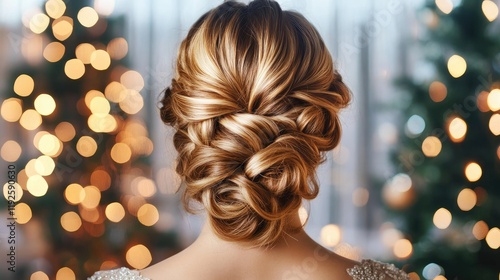 Elegant festive hairstyle with intricate updo on beautiful hair surrounded by soft holiday lights and winter decorations.