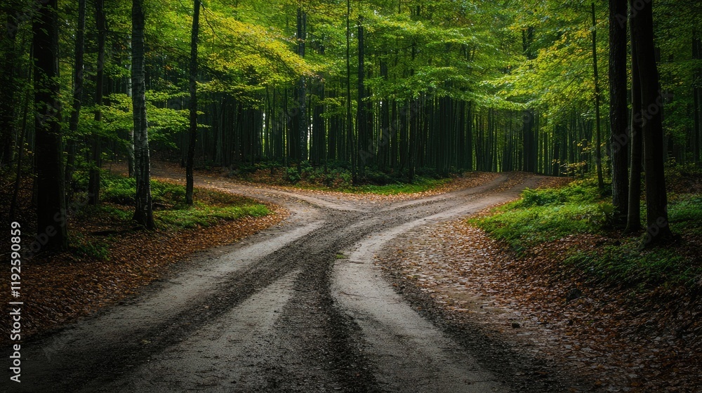 Obraz premium Crossroads in Lush Forest Pathways with Vibrant Green Trees and Fallen Leaves on Ground Reflecting Nature's Serenity and Choices