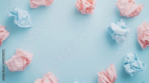 Crumpled paper background in various colors creating an artistic frame for text space on a pastel blue surface top view photo