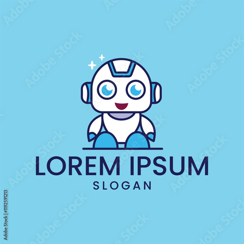 approachable logo design featuring a cute, cartoon-style robot. The robot has a simple yet expressive design with large eyes, a friendly smile, and simple details for its head, body, arms, and legs