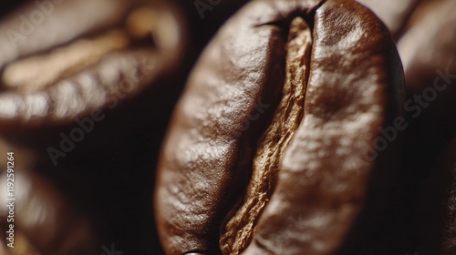 Closeup view of fresh roasted Arabica coffee beans highlighting rich oils and antioxidants for optimal brewing and enhanced flavor profile photo