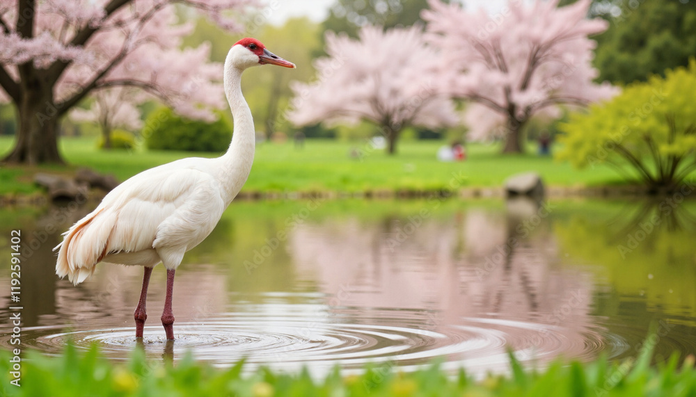 Elegant red-crowned crane standing by serene pond in Japanese garden, tranquility Elegant red-crowned crane standing by serene pond in Japanese garden, tranquility