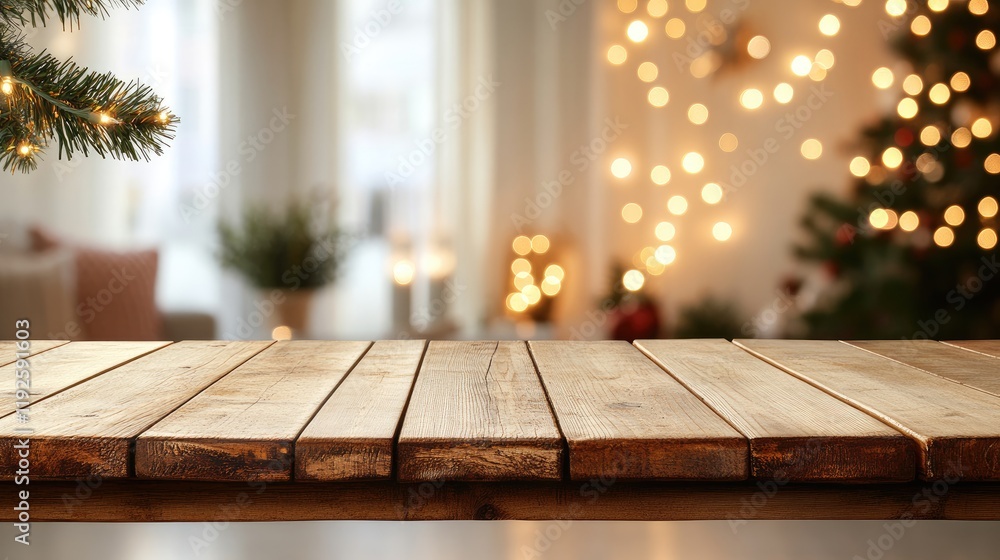 Wooden Table Against a Blurred Festive Background with Holiday Lights Perfect for Seasonal Display or Product Showcase Wooden Table Against a Blurred Festive Background with Holiday Lights Perfect for Seasonal Display or Product Showcase