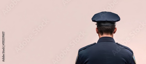 Police officer standing with back view during patrol with space for text highlighting law enforcement and public safety themes photo