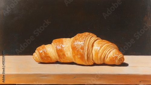 Golden croissant resting on a rustic wooden table against a dark background highlighting its flaky texture and delicious appeal. photo