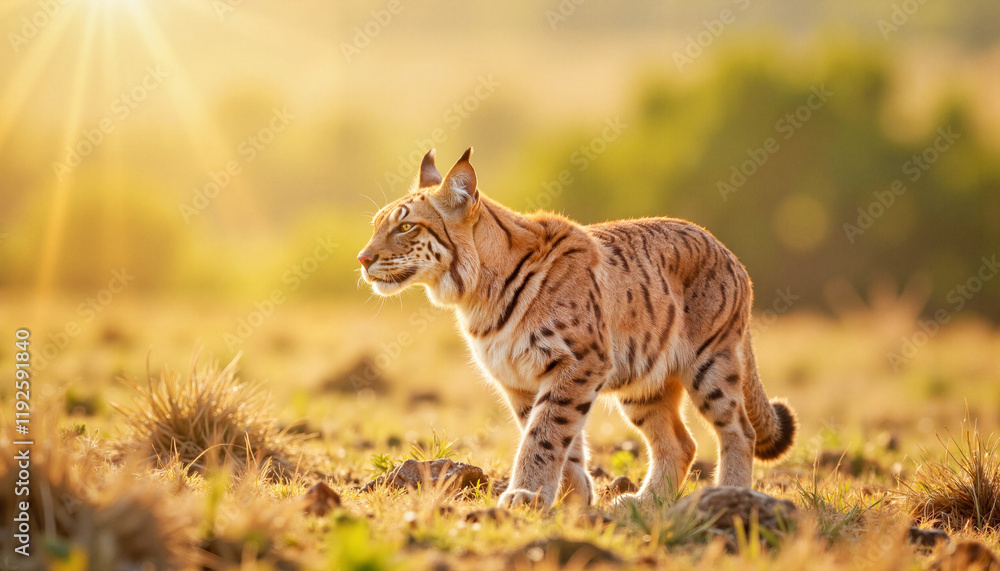 Obraz premium Iberian lynx walking in Mediterranean habitat under afternoon sun, symbolism of wildlife