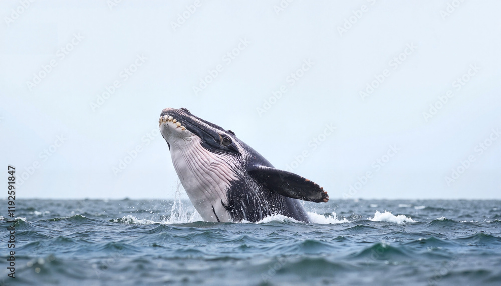 Fototapeta premium Whale breaching ocean surface in Antarctic waters, natural beauty