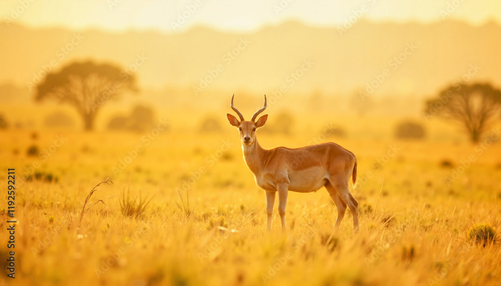 Antelope standing gracefully on warm savanna at sunrise, climate awareness Antelope standing gracefully on warm savanna at sunrise, climate awareness