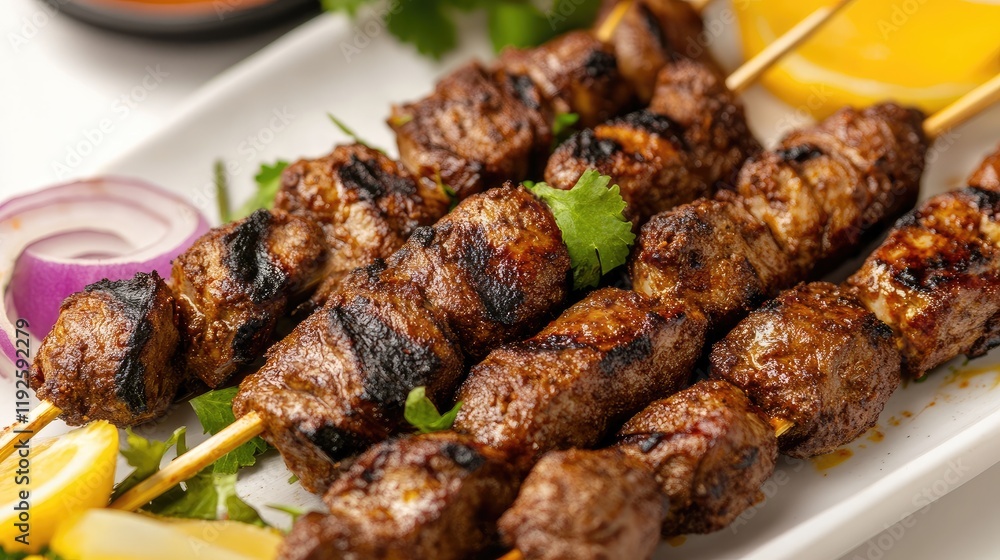 Succulent mutton skewers grilled to perfection garnished with fresh herbs and lemon slices on a pristine white background Succulent mutton skewers grilled to perfection garnished with fresh herbs and lemon slices on a pristine white background