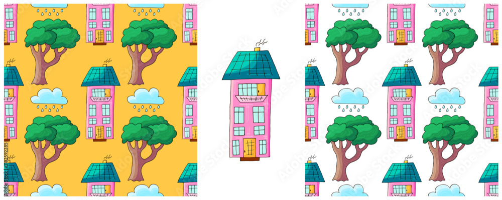 Fototapeta premium Houses. Set city seamless patterns. Pattern in hand draw style