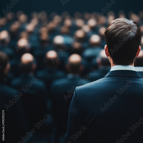 A man stands in front of a large audience, facing away, highlighting themes of leadership, communication, and engagement in a formal setting.
