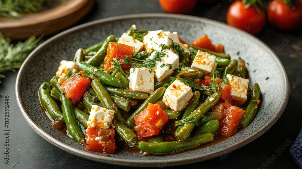 Greek fasolakia stew featuring green beans, fresh tomatoes, and crumbled feta served on a rustic plate with herbs and vibrant vegetables. Greek fasolakia stew featuring green beans, fresh tomatoes, and crumbled feta served on a rustic plate with herbs and vibrant vegetables.