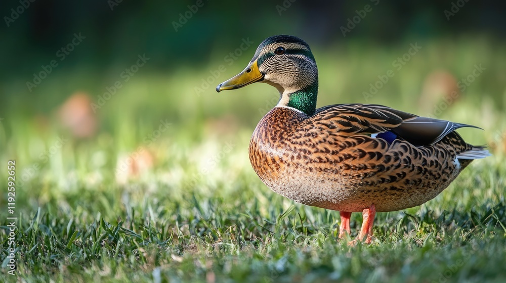 Mallard Duck Standing Gracefully on Lush Green Grass in Natural Habitat Mallard Duck Standing Gracefully on Lush Green Grass in Natural Habitat