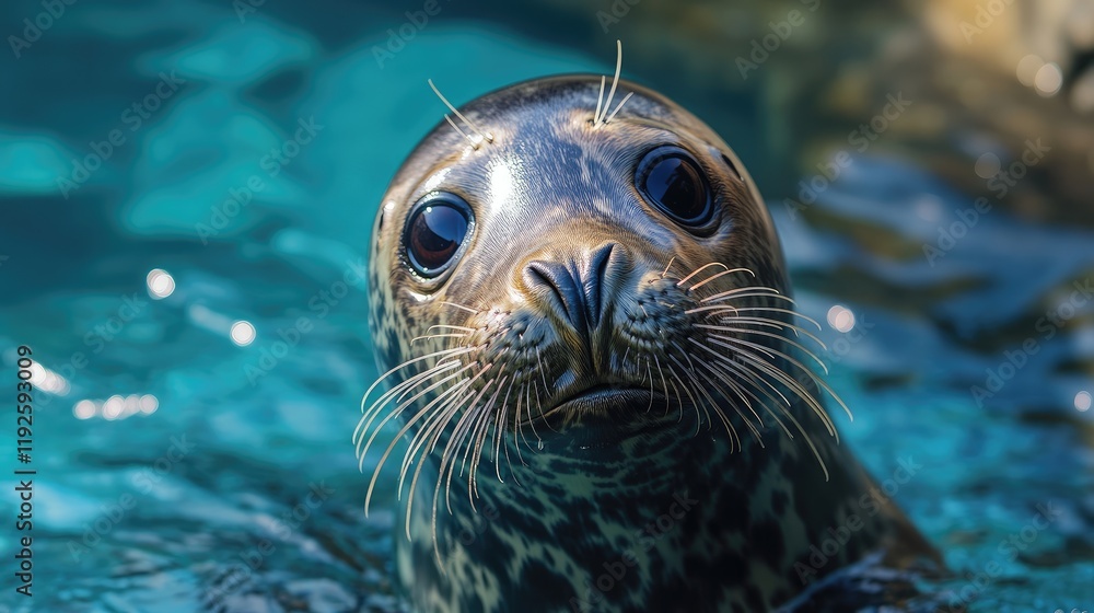 Fototapeta premium Crying seal with shimmering blue bokeh marine background close up depicting emotional expression in wildlife photography
