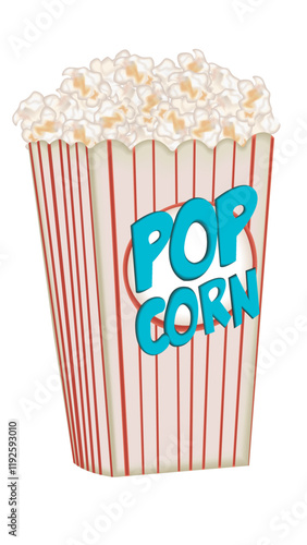 popcorn in a glass 3D. Icons 3d realistic render vector object. eggplant healthy vegetable. Icons 3d realistic render vector object. popcorn in a cup, movie popcorn, striped popcorn cup, food, enterta photo