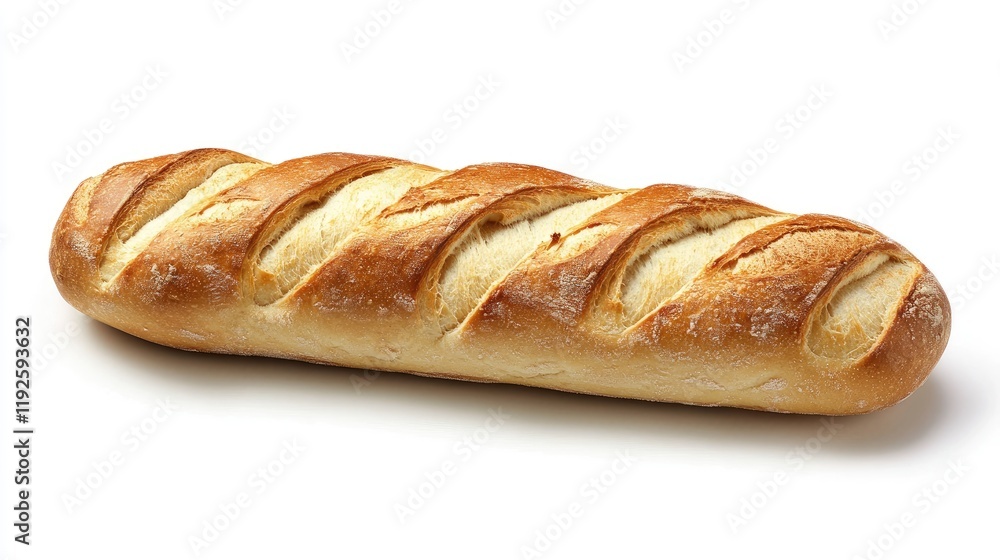 Artisan baguette with a crispy crust and soft interior isolated on white background suitable for bakery and food-related compositions Artisan baguette with a crispy crust and soft interior isolated on white background suitable for bakery and food-related compositions